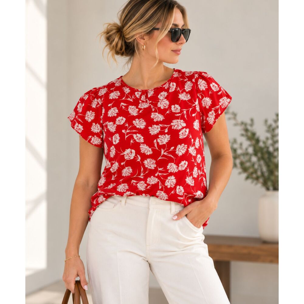Premise Red White Floral Blouse Women’s 1X Short Sleeve Workwear Top